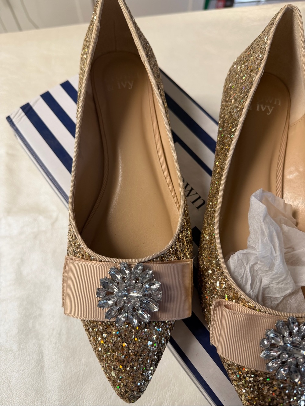 Crown and Ivy Gold Glitter Pointed Flats with Bow and Crystal Brooch - Picture 2 of 9